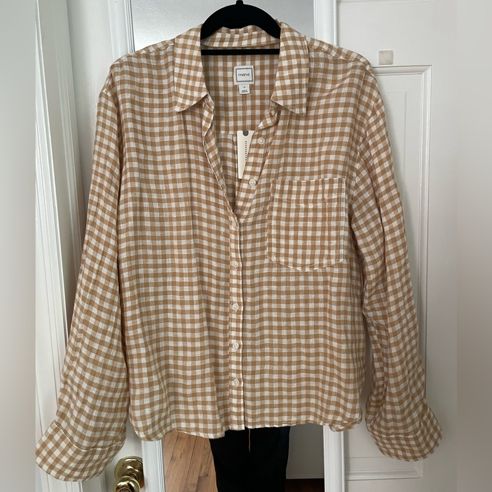 NEW w/tags Anthropologie Tan and White Gingham Button-Down Shirt M